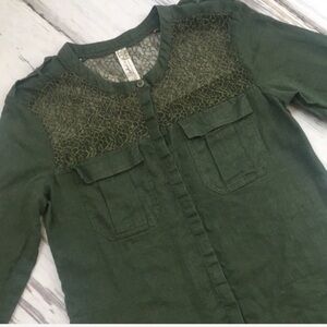 Free People Top Shirt Linen Blouse Green Linen XS